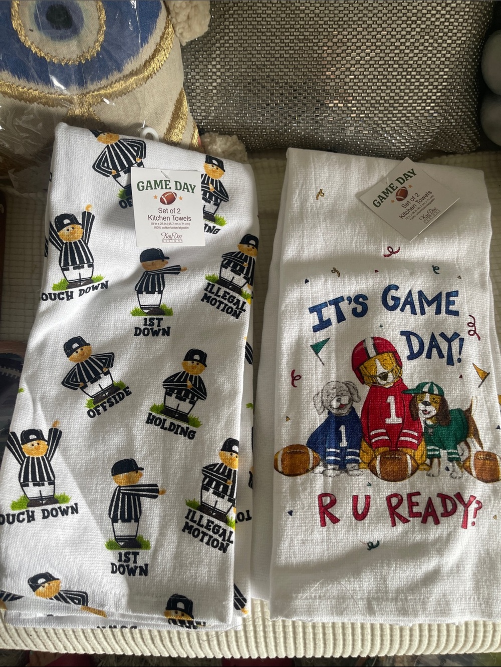 U PICK 🫵Cotton Kitchen Towel Set - White with Multicolor Football Design